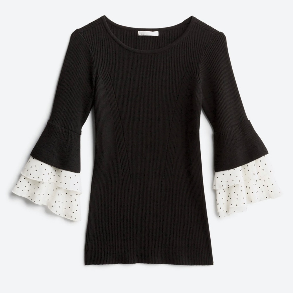 Design History Ethelda Ruffle Polka Dot Bell Sleeve Sweater Black Size Large